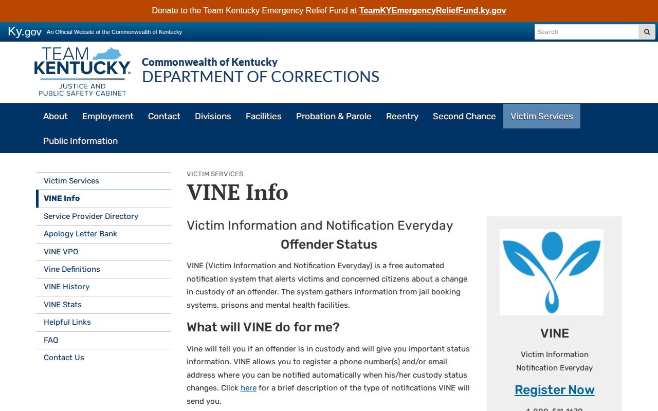 Kentucky VINE information explaining service mechanics and limits