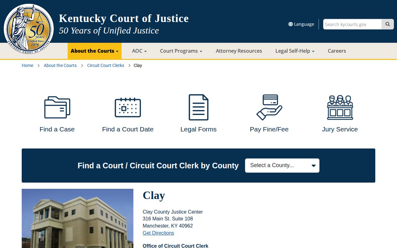 Kentucky Court of Justice Clay County information page for Manchester court records