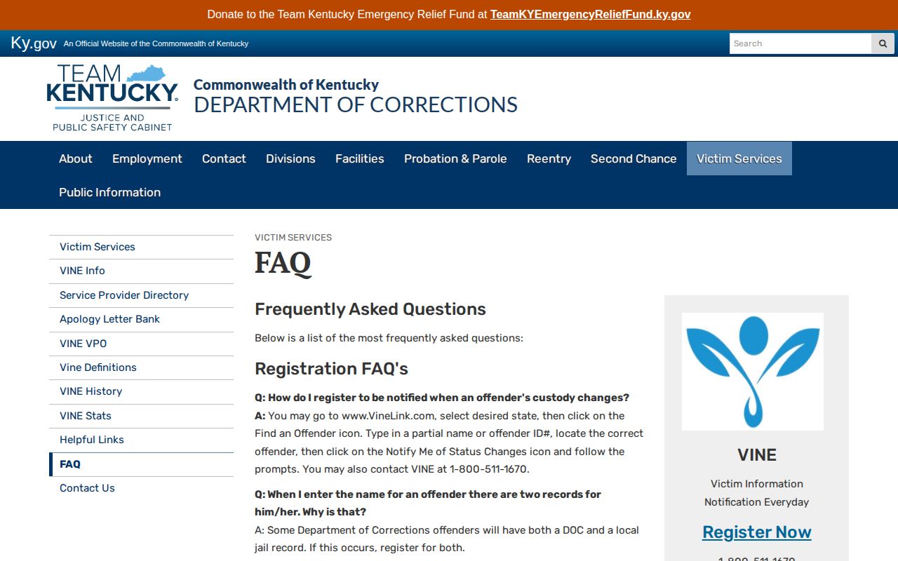 Kentucky VINE FAQ with custody alert registration guidance